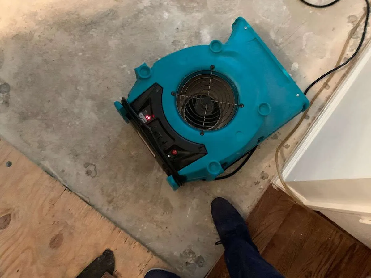 Air mover drying subfloor during Commercial Water Damage Restoration in Layhill